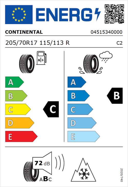 Tyre Label for Continental ContiVanContact 100 205/70R17 115/113R
