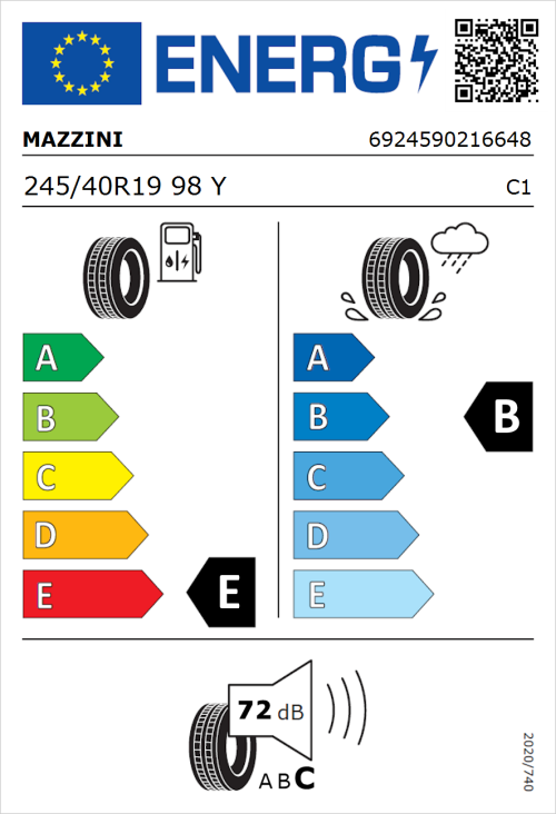 Tyre Label for Mazzini Supersport Chaser 245/40R19 98Y